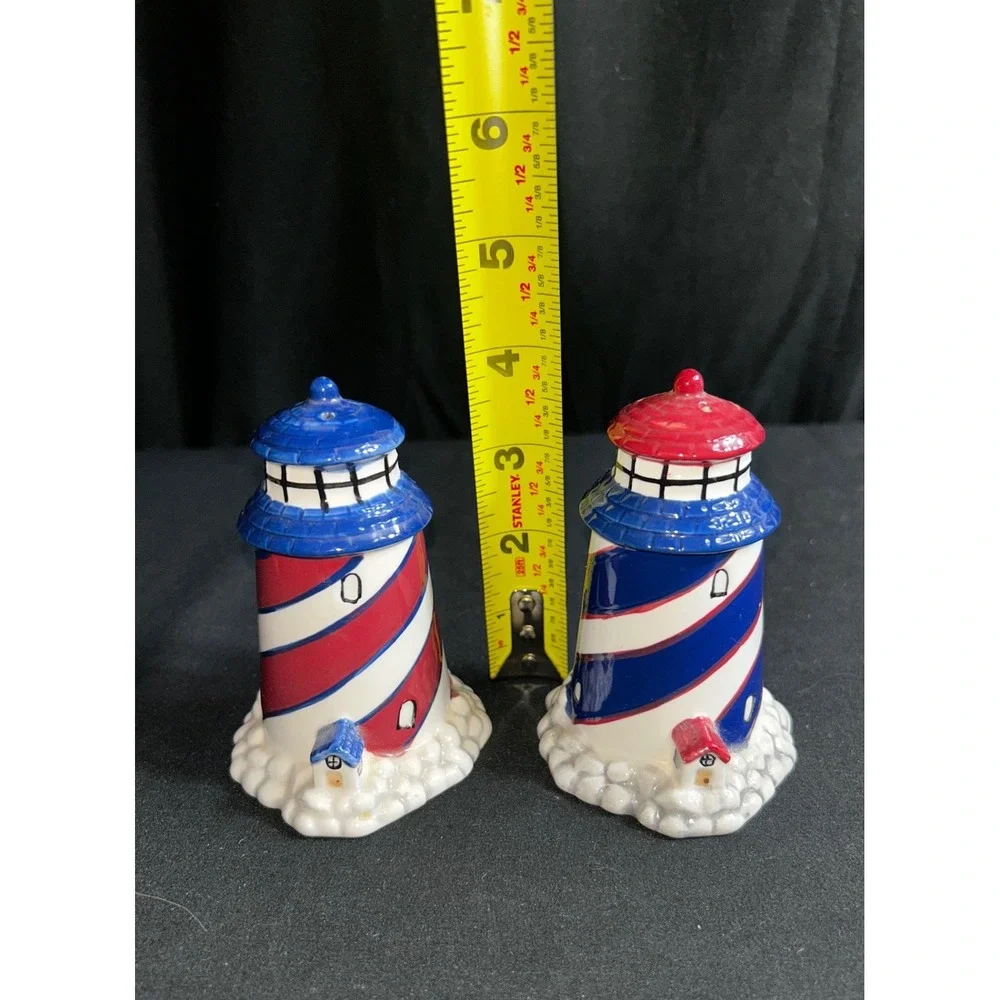 Nautical‎ Lighthouse Salt Pepper Shakers Red Blue White Ceramic Coastal Decor